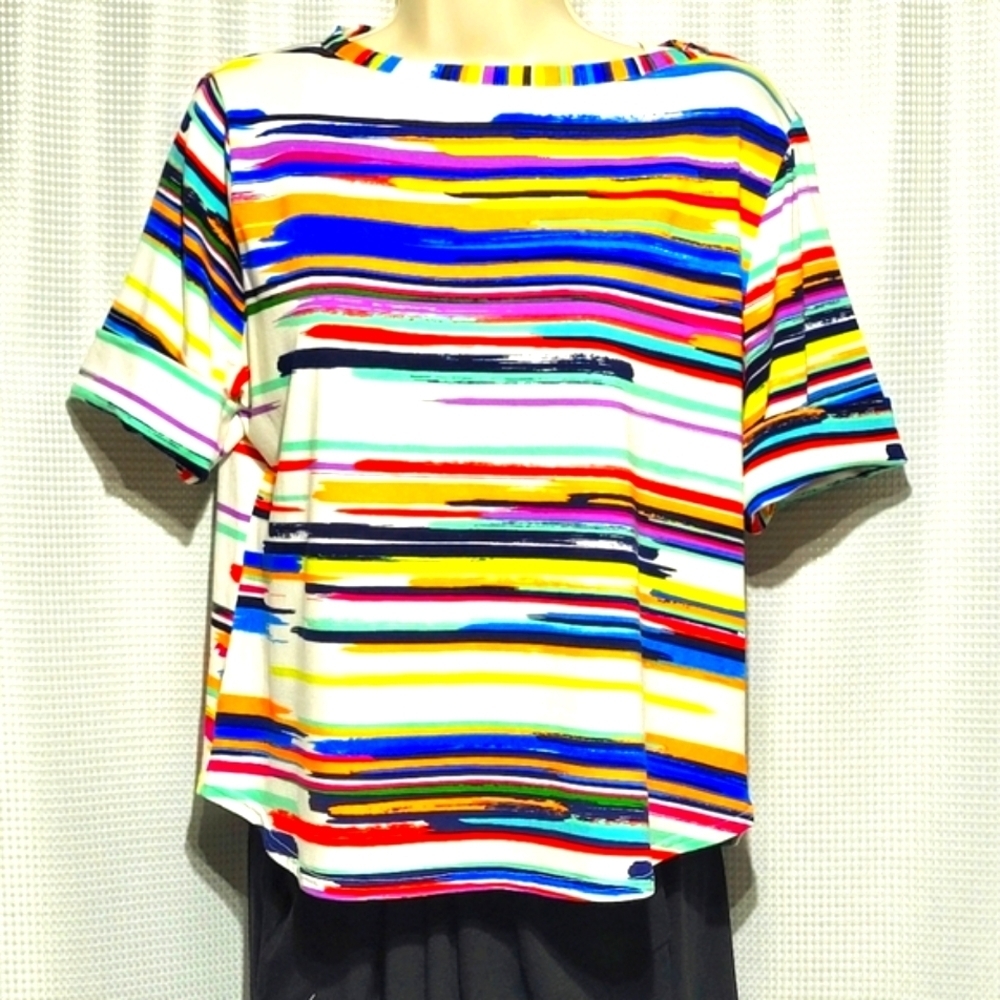 Peck & Peck Petite Striped Colorful Cuffed Short Sleeve Top Made in USA (PXL)
